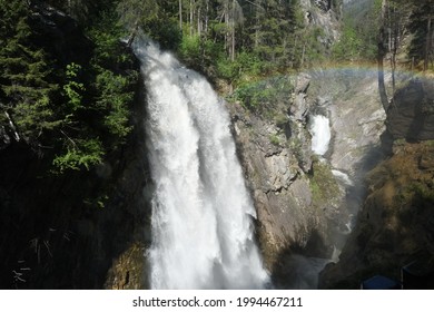 The Fabulous Alpine Waterfalls Of Riva In The Dolomites (Campo Tures) With Rainbow. Path Of San Francesco. Lovely Place In The Alps. Sunny Spring Day With No People. Trentino Alto Adige.