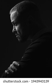 Fabulous At Any Age. Profile Portrait Of Charismatic 40-year-old Man Standing Over Black Background. Short Haircut. Classic, Smart Casual Style. Close Up. Black And White Studio Shot