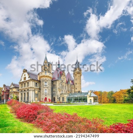 Fabulous autumn landscape with Moszna Castle. Popular tourist destination. Location: Moszna, Opolskie Voivodeship, Poland, Europe