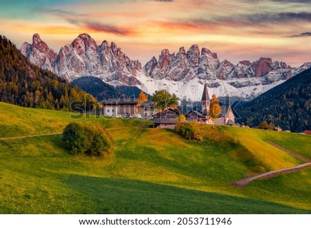 Fabulous autumn view of Santa Maddalena village in front of the Geisler or Odle Dolomites Group. Photography of Dolomites Alps, Italy, Europe. Traveling concept background.