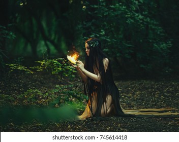 A fabulous, forest nymph with long hair found a flaming, fiery flower, with which little butterflies and fairies fly out. Artistic Photography