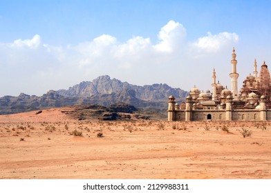 A fabulous lost city in the desert. Fantastic oriental town in the sands. Fantasy landscape with rocky mountains and fairytale city