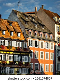 Fabulous Old Houses In The Center Of Strasbourg. Fachwerk. Decorating Each Window With Flowers. France