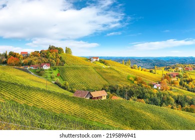 Fabulous Vineyards Landscape In South Styria Near Gamlitz. Autumn Scene Of Grape Hills In Popular Travell Destination Eckberg. Location: Gamlitz, District Of Leibnitz In Styria, Austria. Europe.