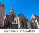 Facade and bell tower of the Collegiate Church of Saint Andrew in Grenoble, Auvergne-Rhone-Alpes region, France, Europe. It was the private chapel of the Dolphins, founded in 1228. Catholic landmark