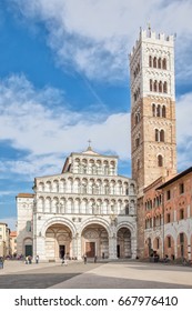 Facade and bell tower of Lucca Cathedral of St. Martin, Tuscany, Italy