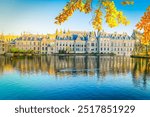 facade of Binnenhof - Dutch Parliament with reflections in Hofvijver pond, The Hague, Holland