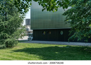 The Facade Of The Building Is Made Of Translucent Polycarbonate In The Style Of Soviet Modernism. 