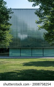 The Facade Of The Building Is Made Of Translucent Polycarbonate In The Style Of Soviet Modernism. 