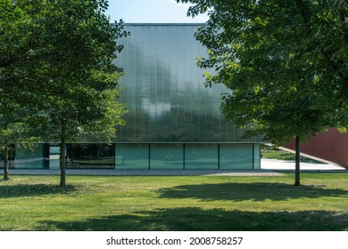 The Facade Of The Building Is Made Of Translucent Polycarbonate In The Style Of Soviet Modernism. 