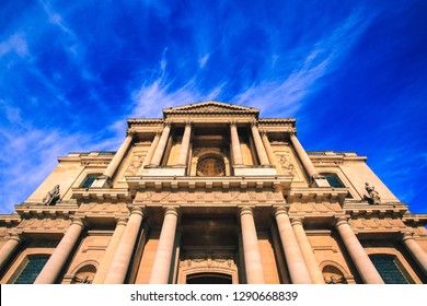 Facade Of Church In Les Invalides (National Residence Of Invalids) In Paris. French Baroque Architecture. Museums And Monuments, Military History Of France. Napoleon I Bonaparte Was Entombed Here.