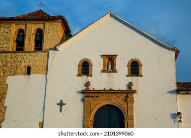 The Facade Of The Church Of Our Lady Of The Rosary, The Main Catholic Church Of The Colonial Town Of Villa De Leyva In The Eastern Andes Range Of Central Colombia.