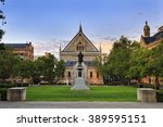 facade of classical gothic building and monument statue of University of Adelaide in South Australia