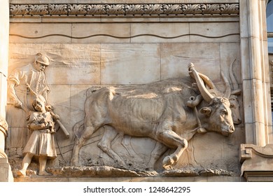 Facade Decorations Of The Hungarian National Bank’s Building, Budapest, Hungary.