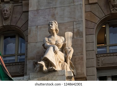 Facade Decorations Of The Hungarian National Bank’s Building, Budapest, Hungary.