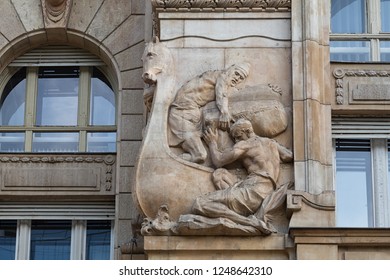 Facade Decorations Of The Hungarian National Bank’s Building, Budapest, Hungary.