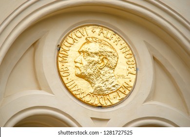 Facade detail of the Nobel Peace Center in Oslo, Norway decorated with an enlarged copy of the Nobel Peace Prize medal.