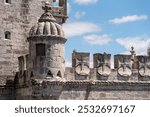 Facade details of famous Torre de Belem in Lisboa, iconic manueline gothic architecture, Portugal