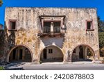 Facade of the dilapidated sanatorium of Eleousa on the Greek island of Rhodes