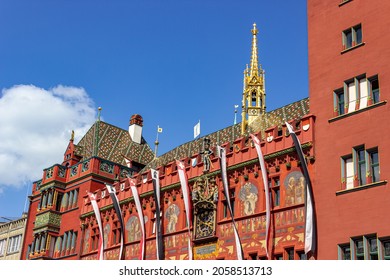 Facade From The Famous Red Town Hall In Basel, Switzerland, Built From Red Sandstone