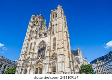 Facade of the gothic cathedral of Brussels, St. Michael and St. Gudula Cathedral in Brussels, Belgium