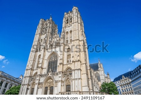 Facade of the gothic cathedral of Brussels, St. Michael and St. Gudula Cathedral in Brussels, Belgium