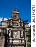 Facade of the historical Metropolitan Cathedral of Mexico City built between 1573 and 1813. Metropolitan Cathedral of the Assumption of the Most Blessed Virgin Mary into Heaven.