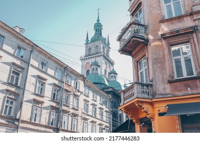 Facade of houses in Lviv, church and historical building - Powered by Shutterstock