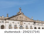 Facade of The Krasinski Palace building. pediment. Palace of the Commonwealth. reconstructed Baroque palace in Warsaw, Poland.