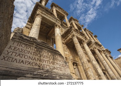 The Facade Of The Library In Ephesus, The Roman Ruins Near Kusadasi, Turkey