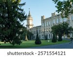 Facade of the main building of National Technical University of Ukraine "Igor Sikorsky Kyiv Polytechnic Institute" and the park in front of it.