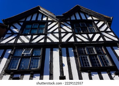 The facade of an old timber frame building