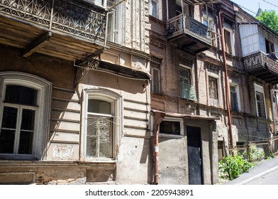 Facade of old wooden traditional Georgian houses in Tbilisi, Georgia, Europe - Shutterstock ID 2205943891