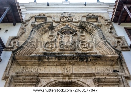 Facade of the Palace of the Inquisition in Cartagena de Indias, Colombia, South America