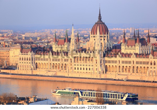 Facade of the Parliament building along Danube river, Budapest, Hungary