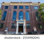 Facade of the Portuguese Synagogue of Amsterdam, an historic 17th-century building, opened in 1675. Hebrew over thed door: 