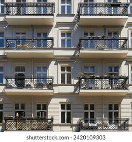  Facade of a renovated old residential building in the Prenzlauer Berg district of Berlin                              