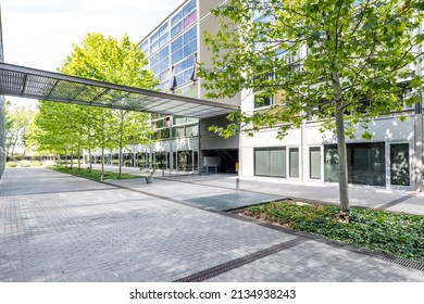 Facade of a residential building with a front with a glass surface and a garden with trees in an interior passage