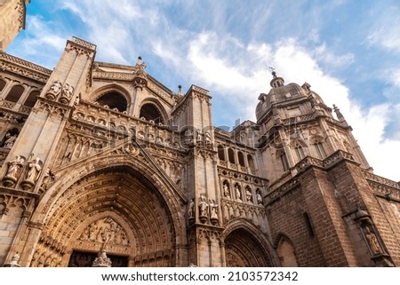Facade of Santa Iglesia Catedral Primada in the medieval city of Toledo in Castilla La Mancha, Spain