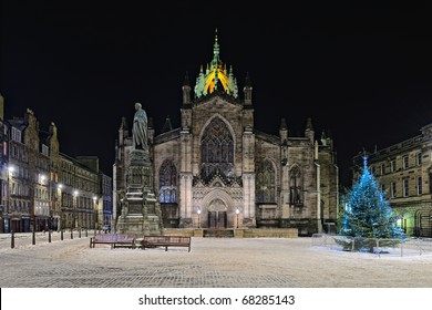 Facade Of St Giles Cathedral (the High Kirk),  Edinburgh, Scotland, Illuminated At Night In Winter