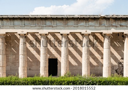 Facade of Temple of Hephaestus in Athens. Greek Doric-style architecture, columns, architrave,