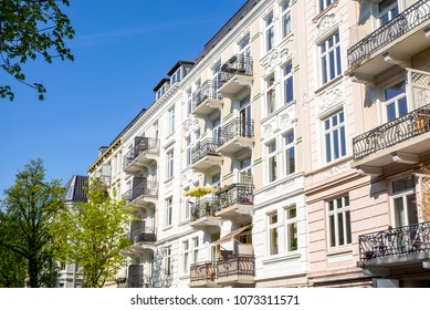Facade of traditional apartment buildings in Hamburg, Germany