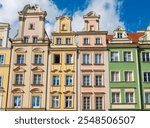 Facade of traditional buildings, houses in Market Square in the old city of Wroclaw, Poland, Europe. 