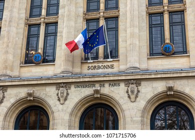 Facade Of University Sorbonne In Paris, France