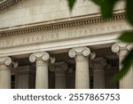 Facade of the US Treasury Department in Washington, DC, Close-up with Copy Space