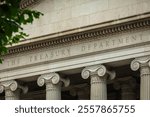 Facade of the US Treasury Department in Washington, DC, Close-up with Copy Space