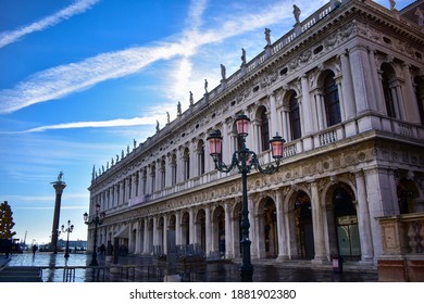 Facade Of The Venice National Archaeological Museum, Marciana National Library Or Saint Mark, In Venice, Italy In San Marco Square.  Blue Sky In Background. No, Without People.