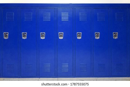 facade view of lockers in school gym painted in blue