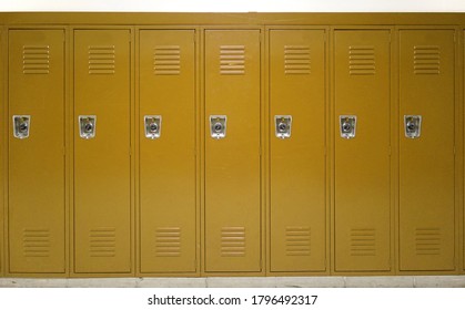 facade view of lockers in school gym painted in brown color              