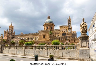 Facade view of Palermo Cathedral (Metropolitan Cathedral of the Assumption of Virgin Mary), located in Palermo, Sicily, Italy. UNESCO World Heritage Site - Shutterstock ID 2126502113